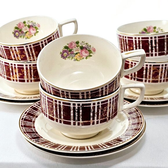 Homer Laughlin Piccadilly Cup & Saucer 2.25" set-6 red plaid gold floral 1942 - Picture 2 of 8